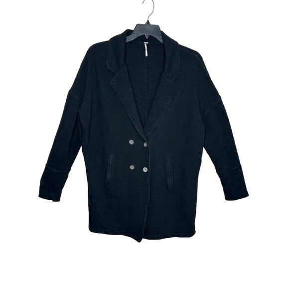 Free People Casual Friday Black Slub Knit Longline Sweater Blazer Size Large - Picture 8 of 10